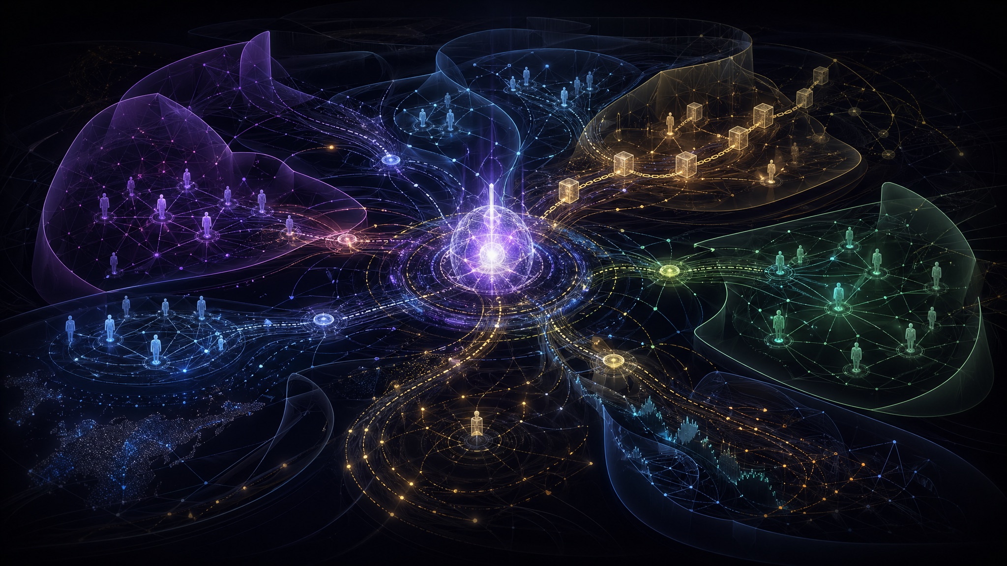 Abstract operating map of agentic digital economies, showing strategy, agents, incentives, risk, and regulation as one connected system