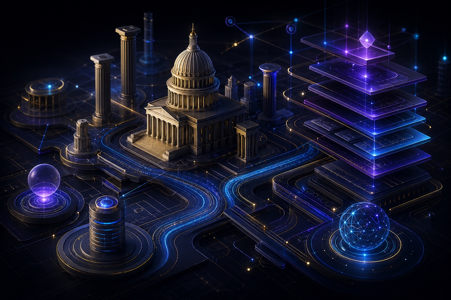 Abstract legislative and agency rulemaking landscape with analytical pathways