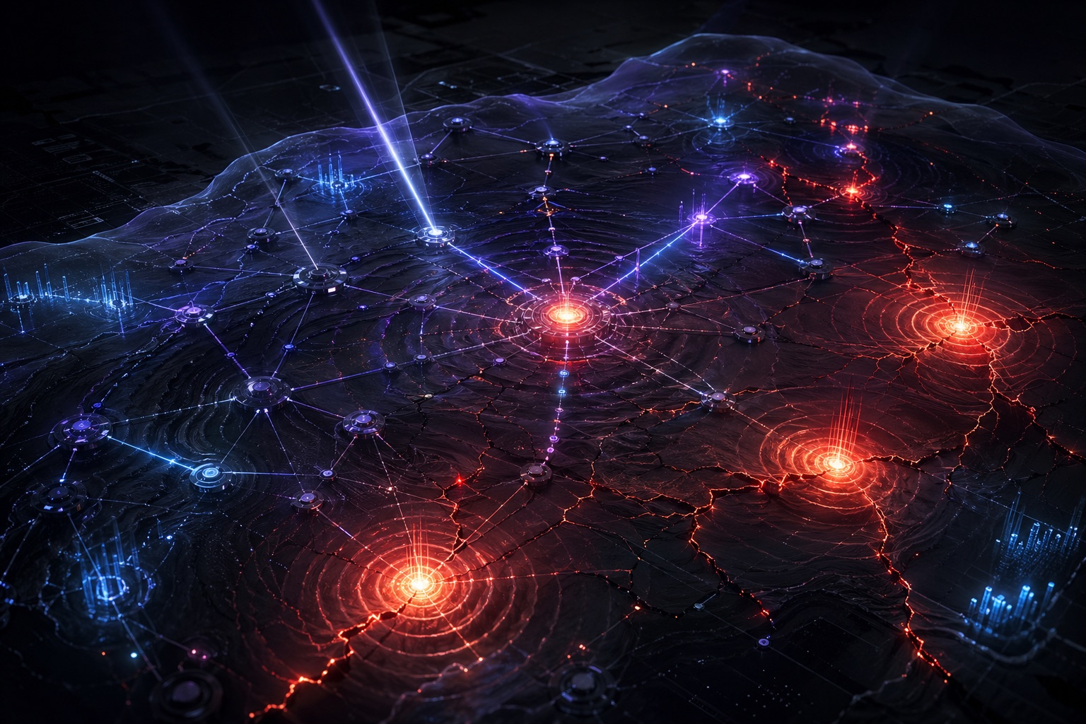 Abstract fragile network showing hidden centralization and cascading risk paths